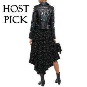 NWT Maje black leather patch embroidered “Dream Tomorrow” moto biker jacket, S